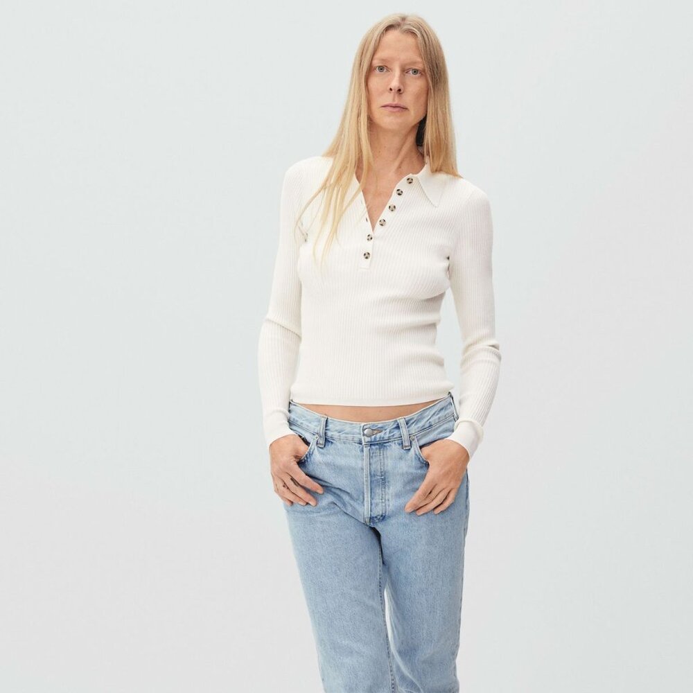 EVERLANE MERINO LONG SLEEVE POLO SHIRT BONE COLOR SIZE S